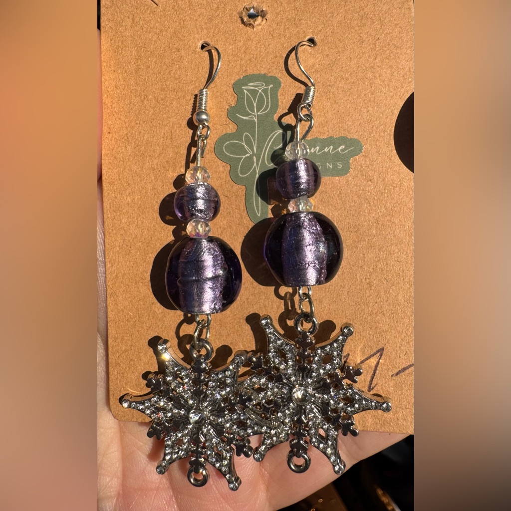 Purple And Silver Dangle Earrings With Snowflake Charms